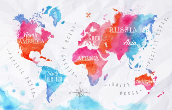 Watercolour World Map Digitally Printed Photo Roller Blind