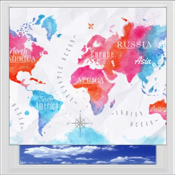 Watercolour World Map Digitally Printed Photo Roller Blind